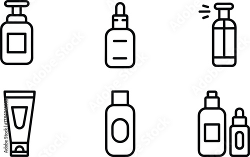 Cosmetic packaging, skincare containers, pump bottle, dropper bottle, spray bottle, squeeze tube, shampoo bottle, lotion container, beauty product, hygiene packaging, vector illustration