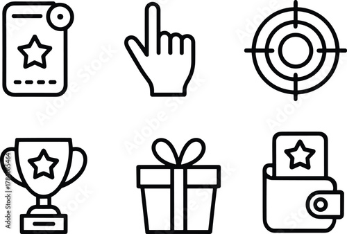 Achievement and Reward Icons Set – Trophy, Badge, Wallet, Gift, Focus, Selection Symbols for Gamification, UI, Loyalty, and Education
