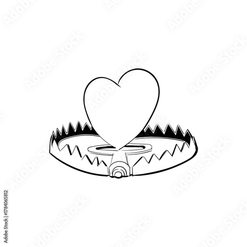 Vector graphic depicting a vulnerable heart held within a dangerous trap, symbolizing the perils of emotional entanglement and risky affection