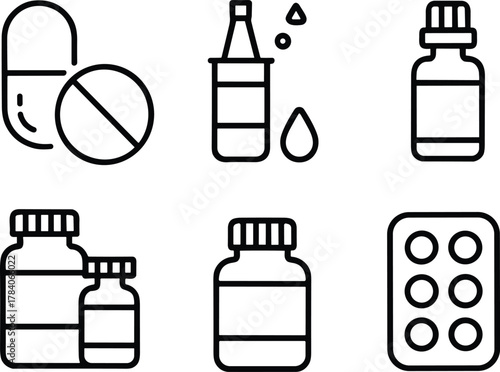 Pharmaceutical icons, pill, capsule, medicine bottle, dropper, blister pack, black and white line drawing, healthcare, pharmacy, treatment