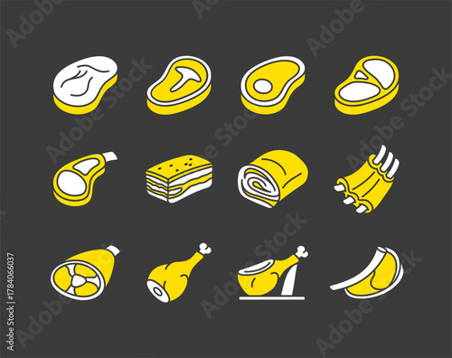 Various Raw Meat Cuts Glyph Icon Set