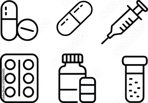 Medical icons, capsule, syringe, pill blister pack, medicine bottle, vial, healthcare tools, black and white line drawing, treatment