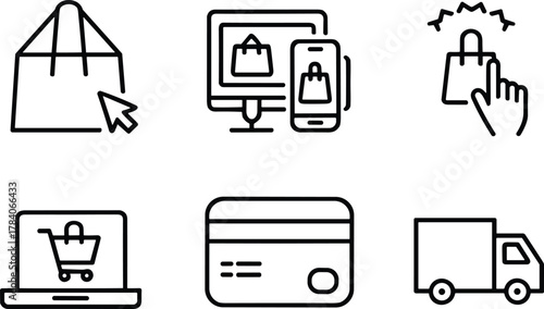 Online shopping icons, ecommerce interface, mobile and desktop devices, credit card payment, delivery truck, cursor click, parcel, purchase, bag