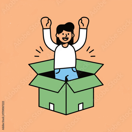 A joyful person emerging from a box, symbolizing a creative idea and innovative thinking