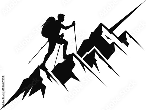 Hiking and mountain climbing silhouette of man with backpack on mountain peak