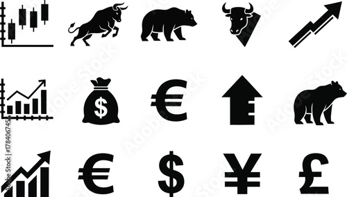 Financial symbols and stock market elements such as bull bear and currencies