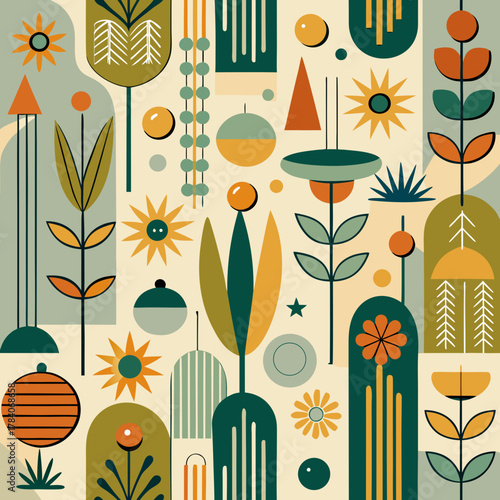 A vibrant mid-century modern illustration featuring stylized botanical elements and abstract floral motifs in a warm, earthy color palette.