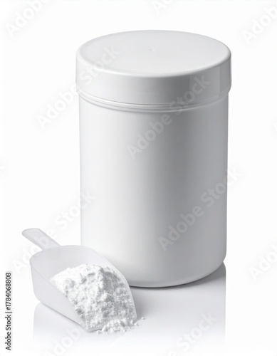 White Powder Supplement in Round Jar with Scoop on White Background