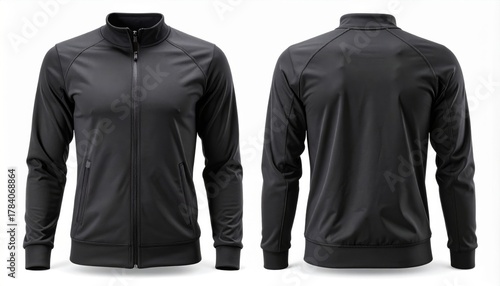 Black Sport Jacket Displayed Front and Back View Isolated on White Background