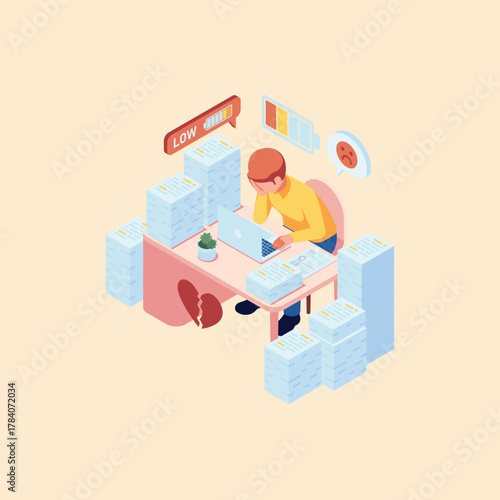Overwhelmed Worker Isometric Illustration of Stress and Burnout