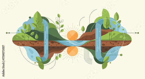Flat Design Nature Ecosystem with Waterfall, Sun, and Green Plants Reflection
