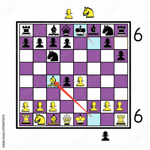 Chess attack vector image with bishop movement checking king on move six