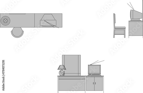 Line art vector set of retro office furniture and equipment, including desk, chair, old CRT TV, and lamp, in plan and elevation views.