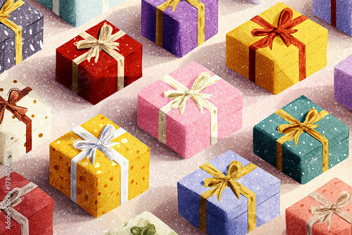 Colorful gift boxes arranged in a festive pattern with ribbons and bows for celebration