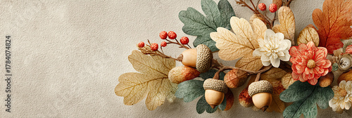 Autumn floral arrangement with acorns, leaves, and berries on textured background for seasonal decor