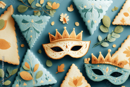 Colorful decorative masks and cookies arranged artistically on a vibrant blue background. Purim concept