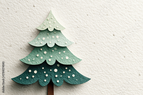 Paper cutout Christmas tree illustration with snowflakes on textured background for holiday decor