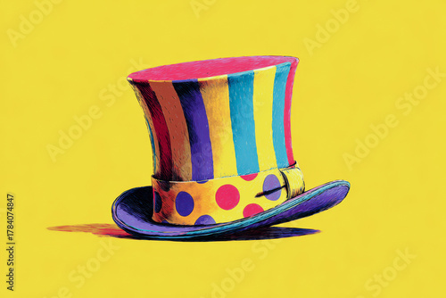 Colorful striped top hat with polka dots on a vibrant yellow background for festive occasions