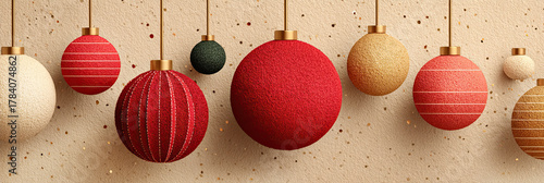 Colorful Christmas ornaments hanging against a textured background for festive holiday decor