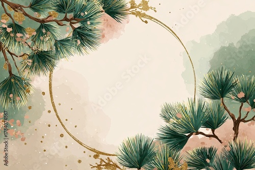 Elegant watercolor illustration featuring pine branches with circular copy space for design