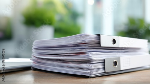 Organized Document Folders on a Desk, Ready for Review in a Bright Office Environment with a Touch of Greenery in the Background
