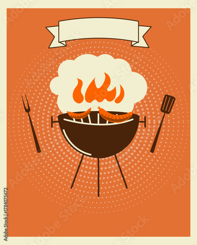 BBQ banner, grill party flyer, grill with sausages and fire