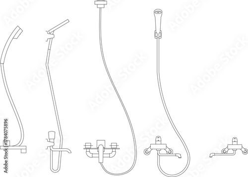 Vector line drawing set of bathroom shower fixtures: faucets, handheld showerheads, and mounting units shown in elevation.