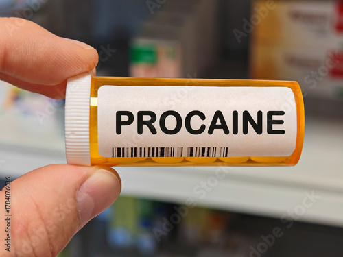 Box of PROCAINE tablets on a hospital pharmacy table used for local anesthesia an ester anesthetic.