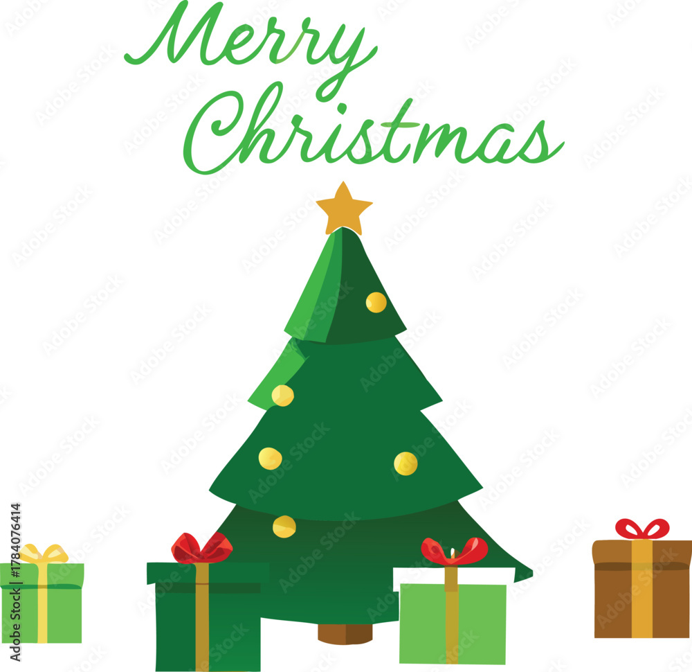 Naklejka premium Greeting card with ornament gift and tree flat design vector illustration isolated on transparent background