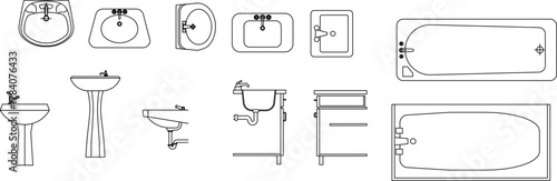 Vector set of bathroom fixtures: sinks, washbasins, and bathtubs shown in top view and elevation for architectural drawings.