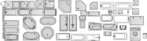 Vector set of bathroom fixtures top view: bathtubs, showers, washing machine, and sanitary ware for architectural floor plans.