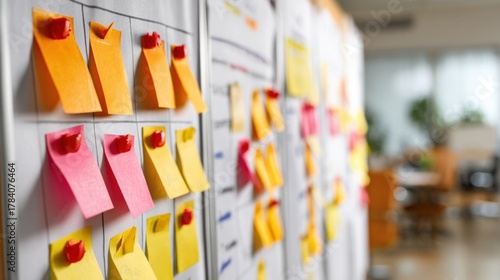 Colorful sticky notes on a board in an office environment for project management and brainstorming sessions with a blurred background