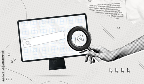 Trendy Halftone Collage Artificial intelligence and digital technology. Hand holding magnifying glass on laptop screen. AI powered search engine. Contemporary vector illustration art