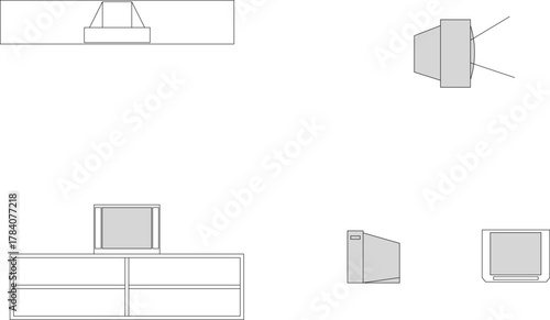 Vector set of retro electronics and media furniture: CRT TV, display, speaker, and storage cabinet, shown in various elevations.