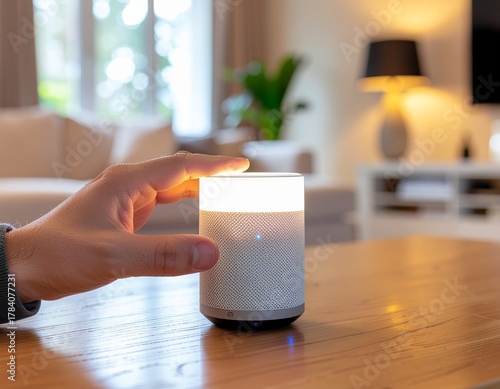 A person's hand reaching for a lit white cylindrical candle on a wooden table in a blurred living room with warm tones. Perfect for home decor, interior design, or lifestyle presentations.