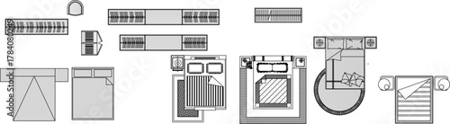 Vector top view set of beds and bedroom storage units for architectural floor plans. Includes various bed sizes and styles.