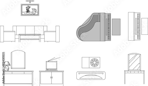 Vector set of interior elements: sofa, piano (top view), AC unit, TV, vanity, and mirror showing elevation and plan view.