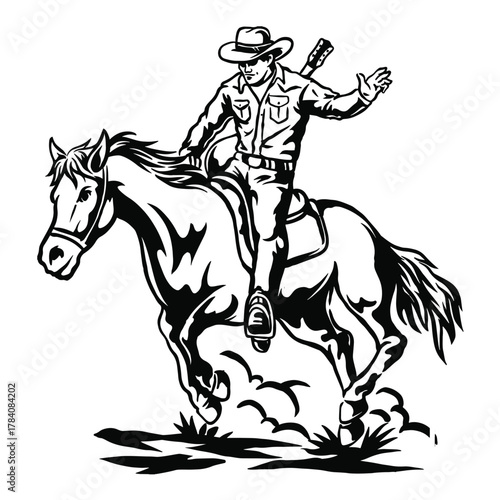 Cowboy Waving on Horse Western Rodeo Illustration