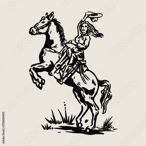 Retro Cowboy on Rearing Horse Western Rodeo Illustration