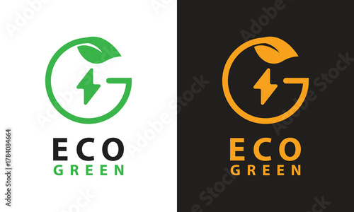 Eco Green logo with letter G, leaf, and lightning bolt, symbolizing sustainable energy, renewable power, green technology, eco-friendliness, and nature-based electricity.