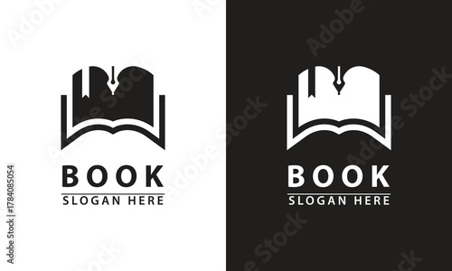 Open book logo with a quill/pen nib and bookmark, forming a temple-like structure, symbolizing wisdom, writing, traditional education, literary publishing, and academic authority.