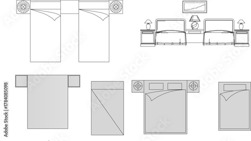 Set of bedroom furniture icons for architectural floor plans. Top view and elevation of beds, nightstands, and lamps. Line art vector.