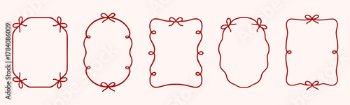 Whimsical wedding frame doodle set. Coquette boarders with bows and ribbons in sketch style. Hand drawn Vintage vector illustration for Valentine’s Day, wedding invitations.