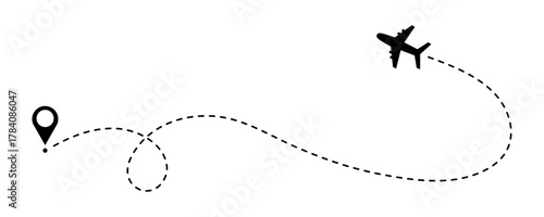 Airplane flight path doodle icon. Dotted map route for travel and journey, dash line air plane route. Vector illustration isolated on white background

