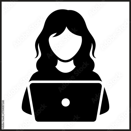 Black Silhouette Icon of a Woman Working on a Laptop Computer Keywords: icon, silhouette, woman, female, person, user, avatar, laptop, computer