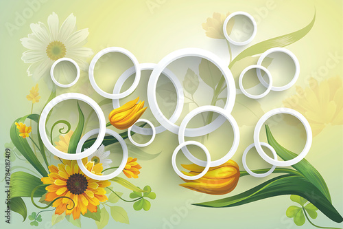 Whimsical floral design with abstract circles and vibrant colors