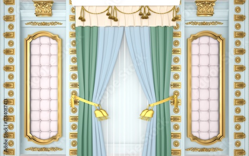 Elegant interior with ornate gold trim, pastel blue walls, and flowing teal and sky blue curtains.