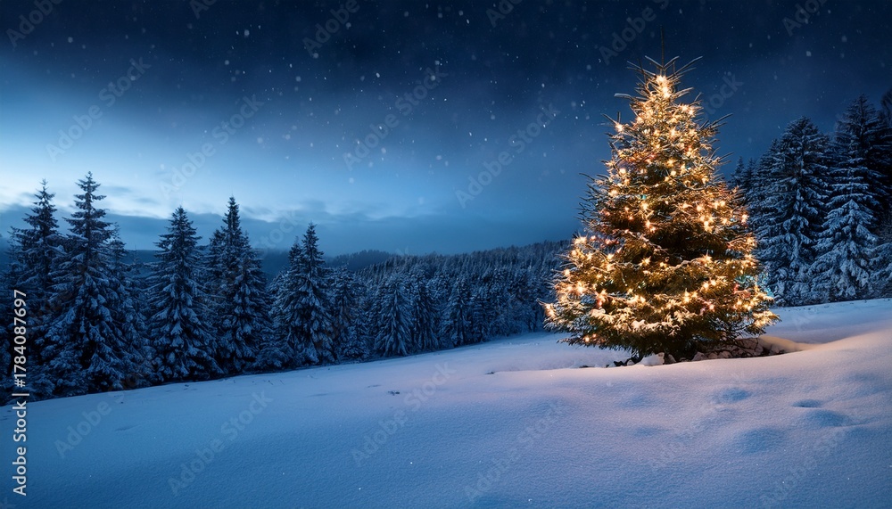 Naklejka premium A Decorated Christmas Tree Outside In The Snowy Landscape At Night