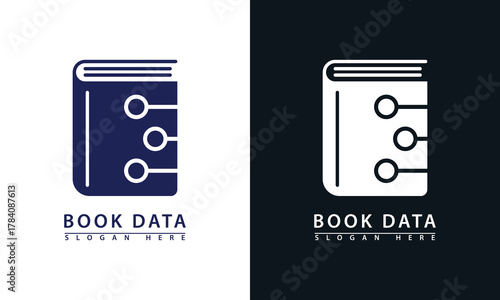 Digital book logo with connected data nodes. Symbolizes e-learning, knowledge network, and online information access. Dual colors.