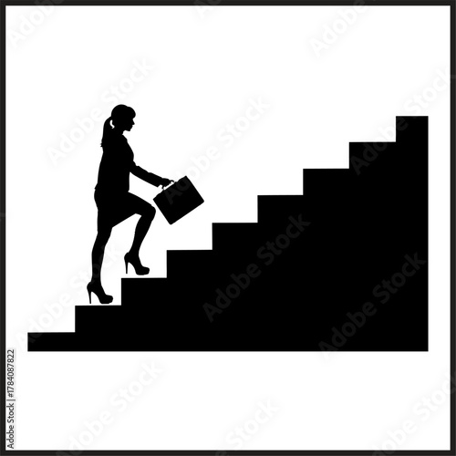 Silhouette of Businesswoman Climbing Stairs with Briefcase on White Background career success